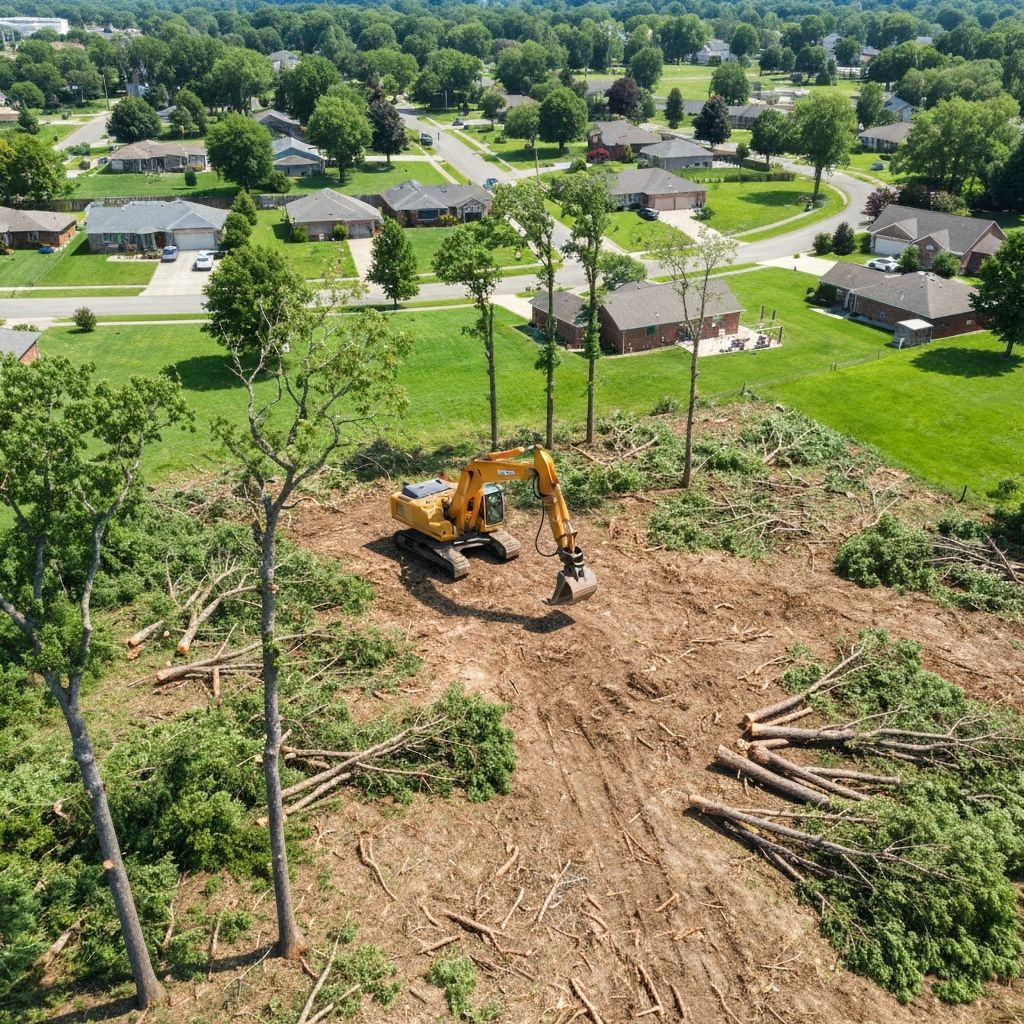 Land clearing project with heavy machinery removing trees